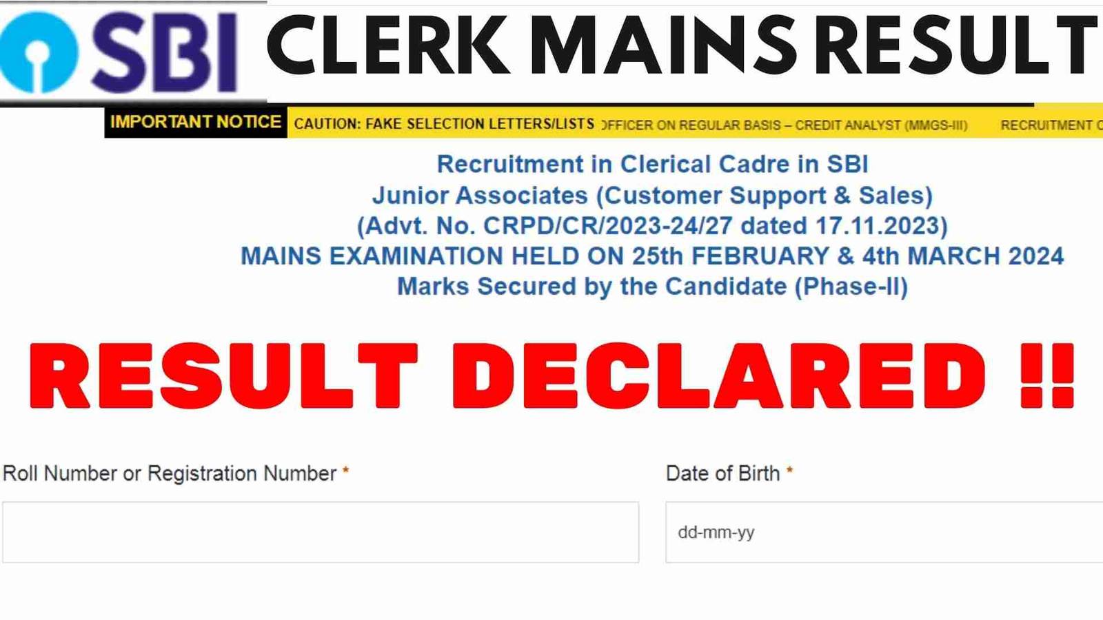 SBI Clerk Mains Result 2024 Release date SBI CLERK RESULT